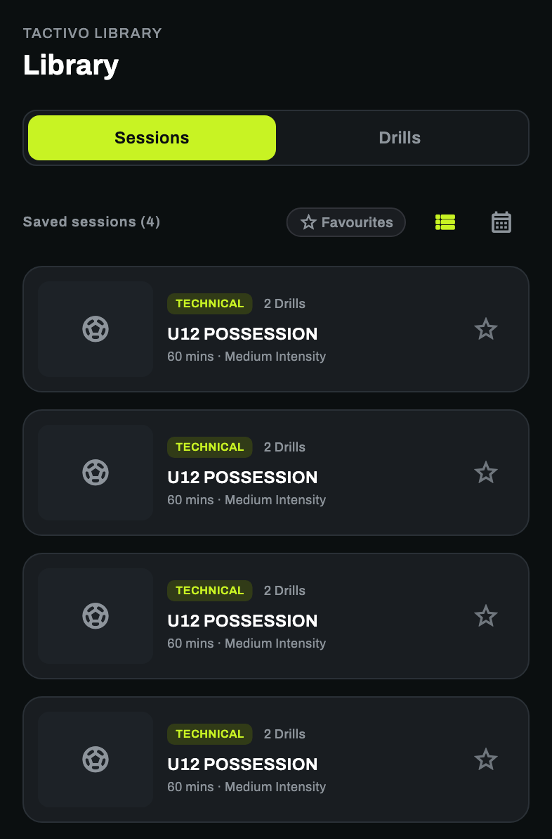 The library holding saved sessions with drill counts, length and intensity.