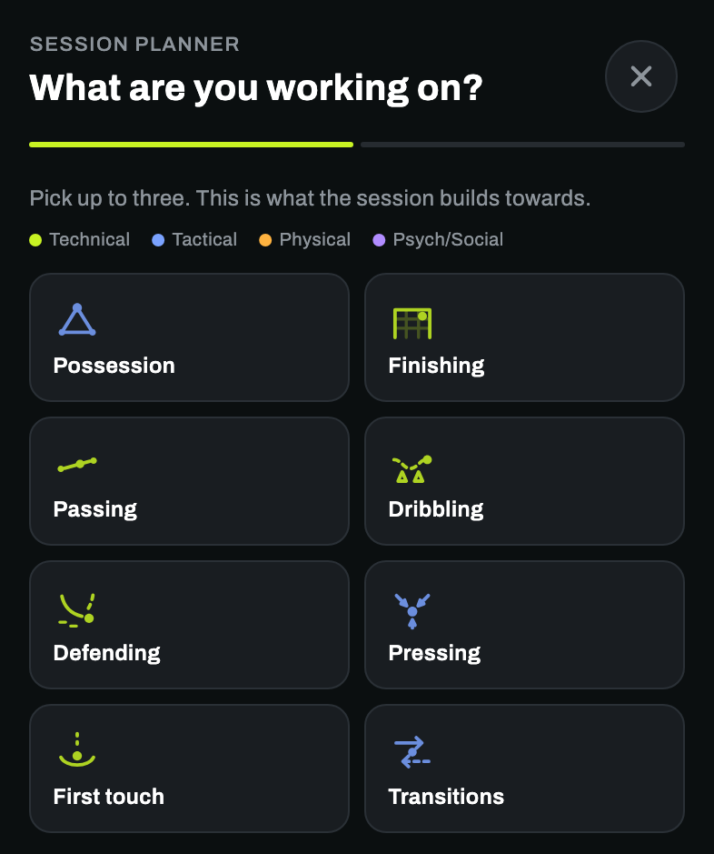 The Tactivo planner asking what the session is working on, with Possession, Finishing, Passing, Dribbling, Defending, Pressing, First touch and Transitions to choose from.