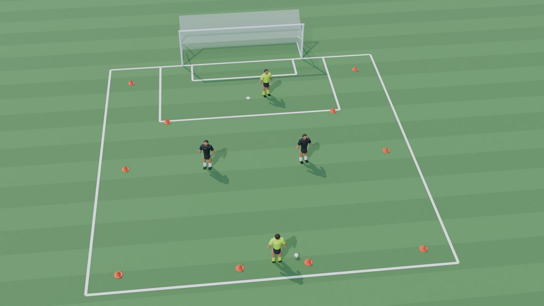 A rendered Tactivo drill scene on a striped 3D pitch